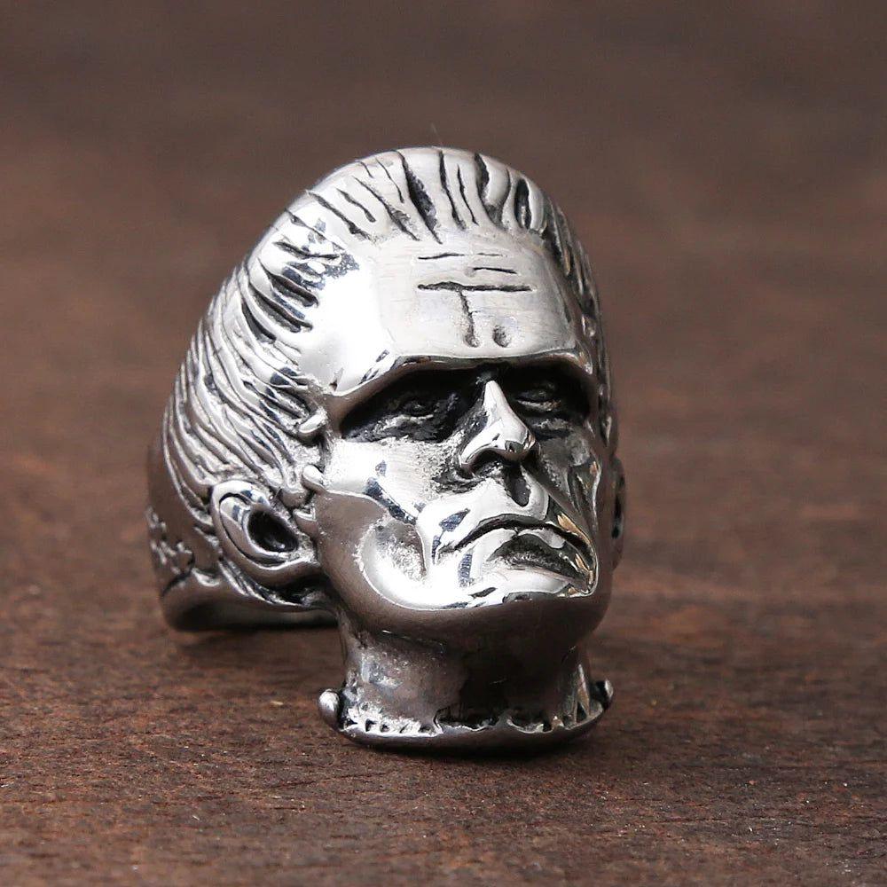 Edgy Vintage Stainless Steel Biker Rings - Unisex Frankenstein Punk Goth Jewelry for Hip Hop Fashion