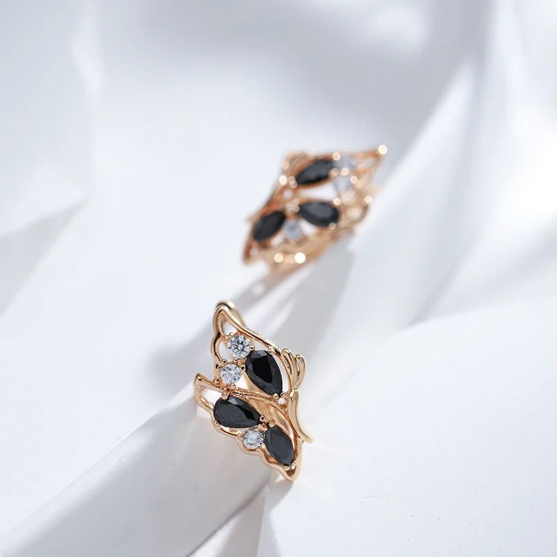 Elaborate Black Zircon Butterfly Drop Earrings in 585 Rose Gold Finish