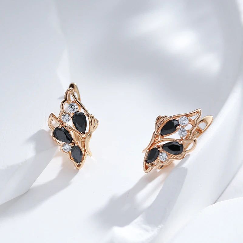 Elaborate Black Zircon Butterfly Drop Earrings in 585 Rose Gold Finish