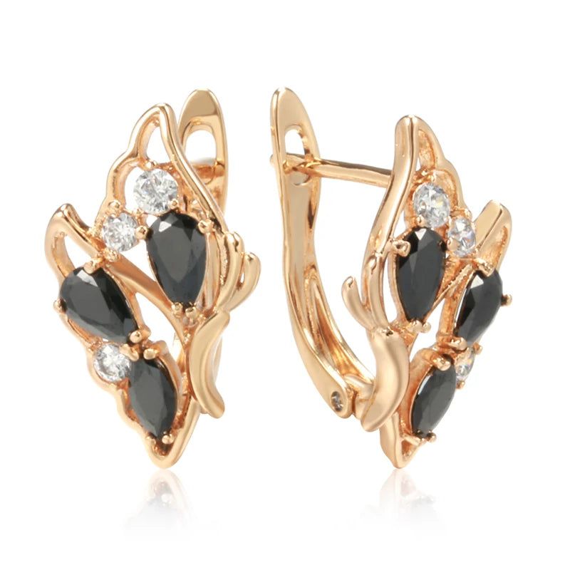 Elaborate Black Zircon Butterfly Drop Earrings in 585 Rose Gold Finish