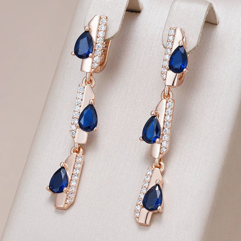 Elaborate Blue Geometric Zircon Long Dangle Earrings in 585 Rose Gold Finish