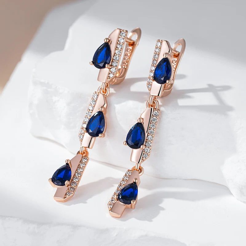 Elaborate Blue Geometric Zircon Long Dangle Earrings in 585 Rose Gold Finish