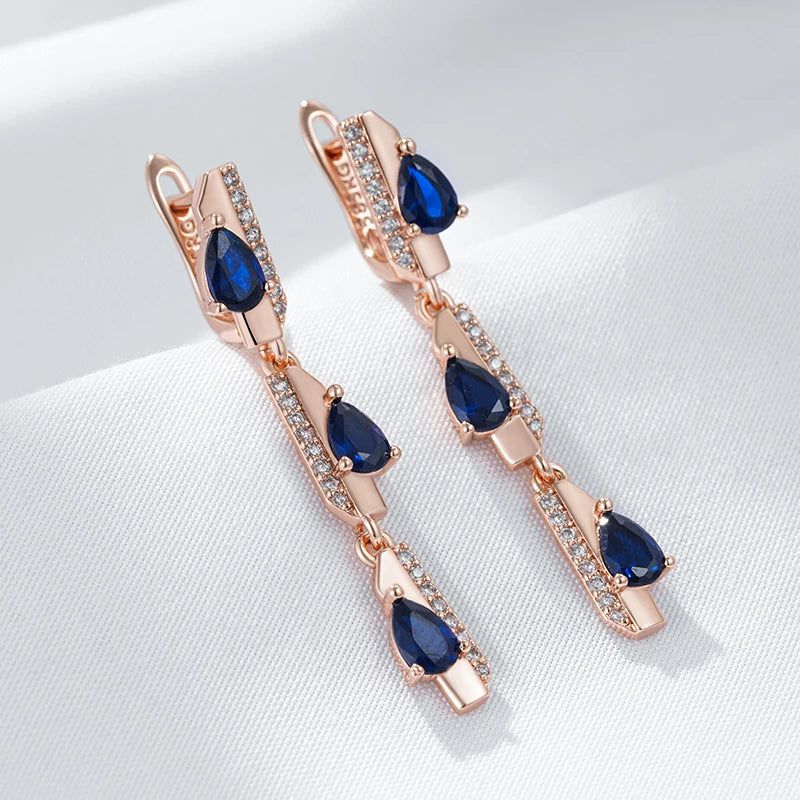 Elaborate Blue Geometric Zircon Long Dangle Earrings in 585 Rose Gold Finish