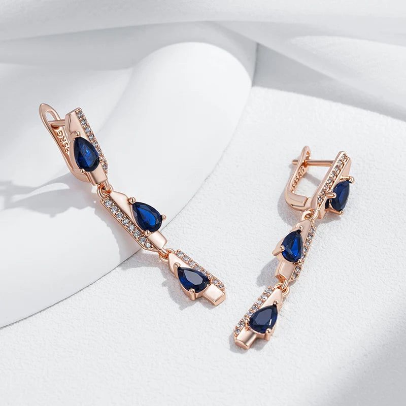 Elaborate Blue Geometric Zircon Long Dangle Earrings in 585 Rose Gold Finish