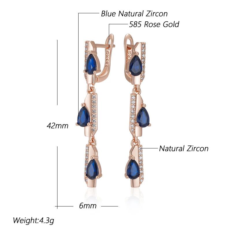 Elaborate Blue Geometric Zircon Long Dangle Earrings in 585 Rose Gold Finish