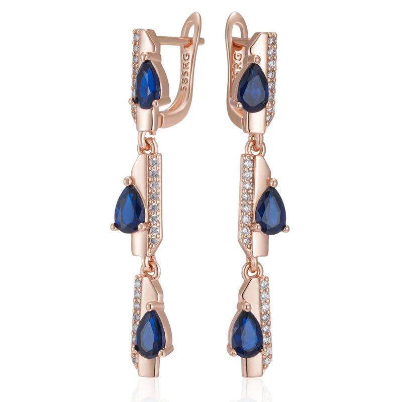 Elaborate Blue Geometric Zircon Long Dangle Earrings in 585 Rose Gold Finish