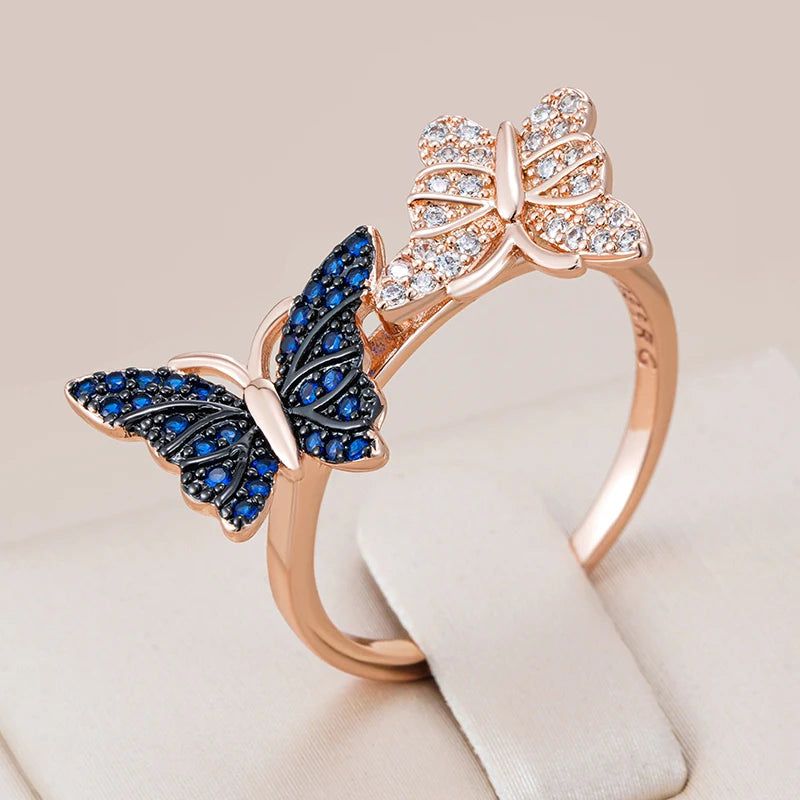 Elaborate Blue Natural Zircon Butterfly Ring in Unique 585 Rose Gold and Black Gold Finish