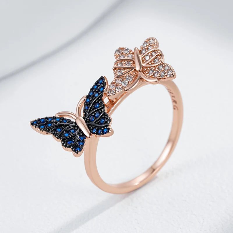 Elaborate Blue Natural Zircon Butterfly Ring in Unique 585 Rose Gold and Black Gold Finish