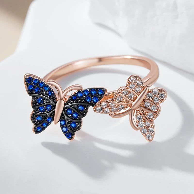 Elaborate Blue Natural Zircon Butterfly Ring in Unique 585 Rose Gold and Black Gold Finish