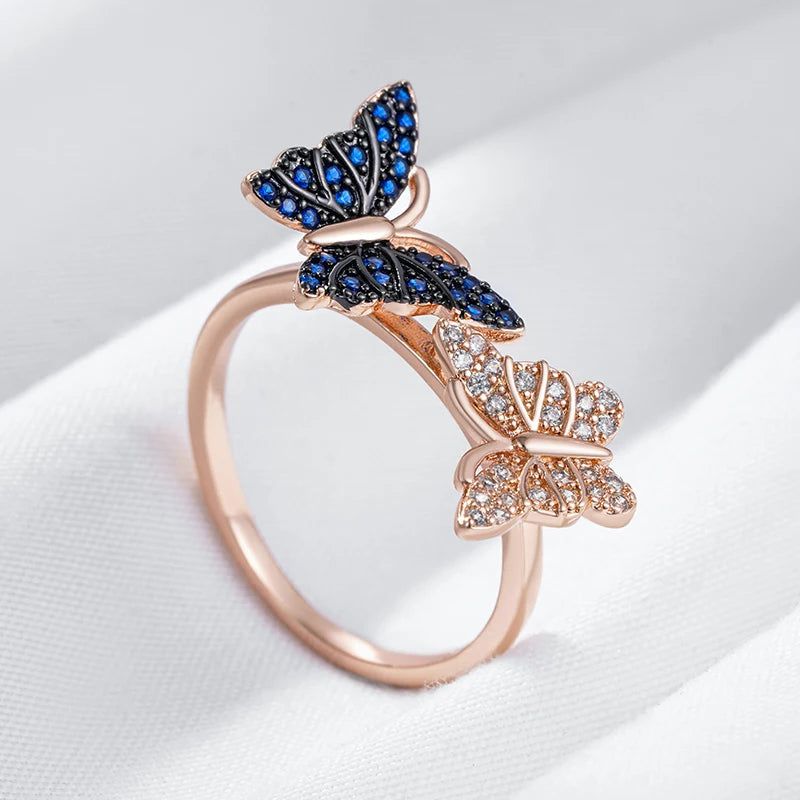 Elaborate Blue Natural Zircon Butterfly Ring in Unique 585 Rose Gold and Black Gold Finish