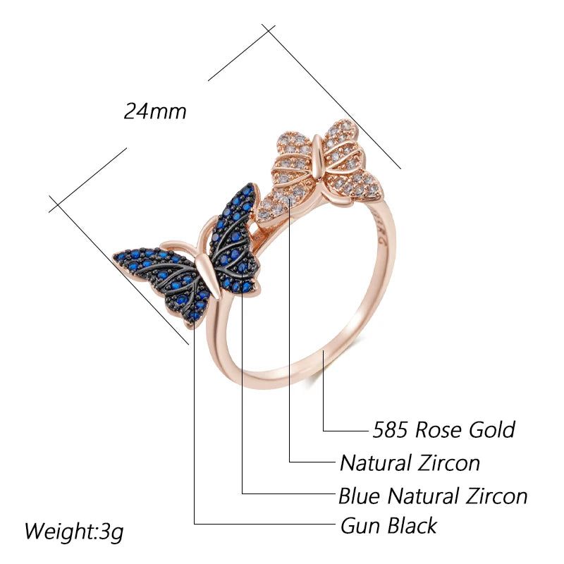 Elaborate Blue Natural Zircon Butterfly Ring in Unique 585 Rose Gold and Black Gold Finish