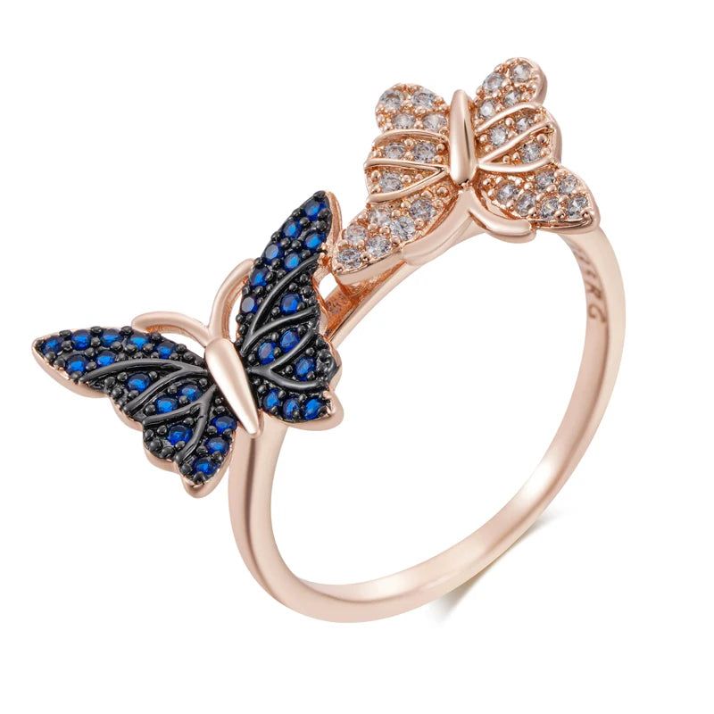 Elaborate Blue Natural Zircon Butterfly Ring in Unique 585 Rose Gold and Black Gold Finish