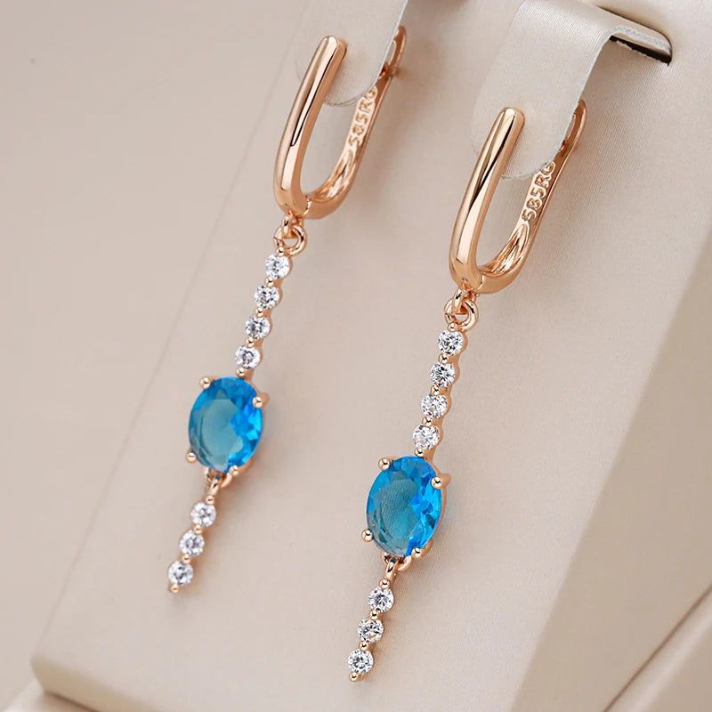 Elaborate Blue Natural Zircon Long Drop Earrings in 585 Rose Gold with Crystal Accents