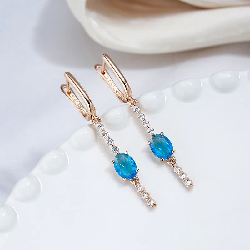 Elaborate Blue Natural Zircon Long Drop Earrings in 585 Rose Gold with Crystal Accents