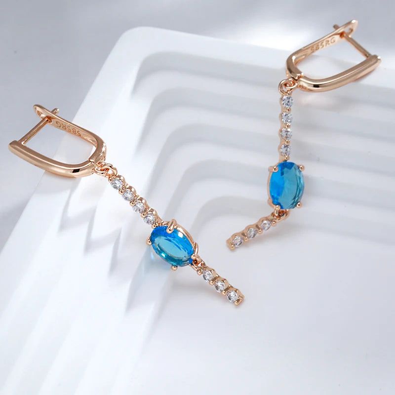 Elaborate Blue Natural Zircon Long Drop Earrings in 585 Rose Gold with Crystal Accents