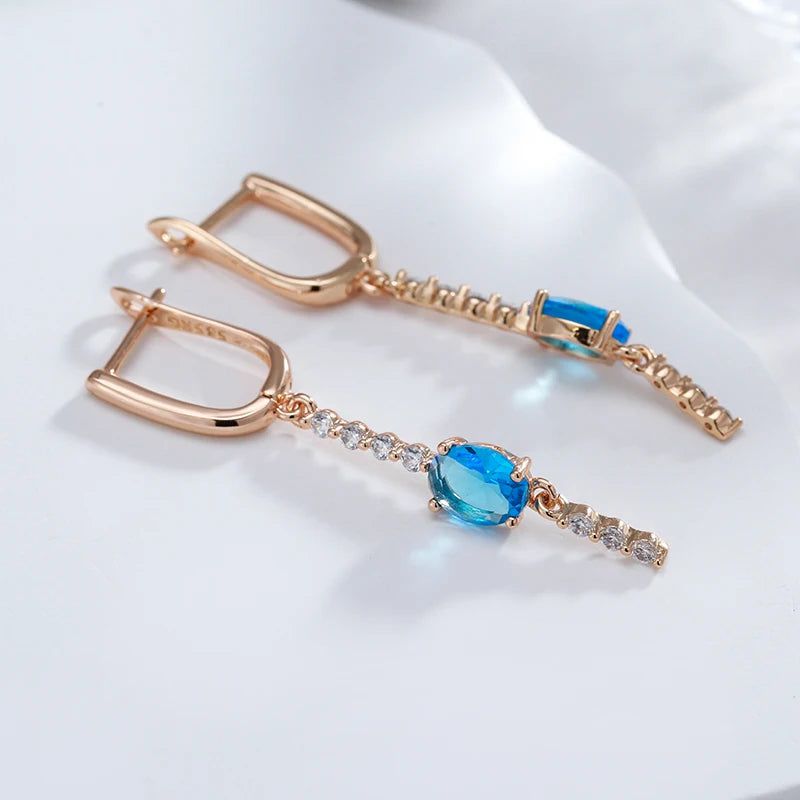 Elaborate Blue Natural Zircon Long Drop Earrings in 585 Rose Gold with Crystal Accents