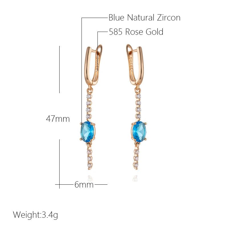 Elaborate Blue Natural Zircon Long Drop Earrings in 585 Rose Gold with Crystal Accents