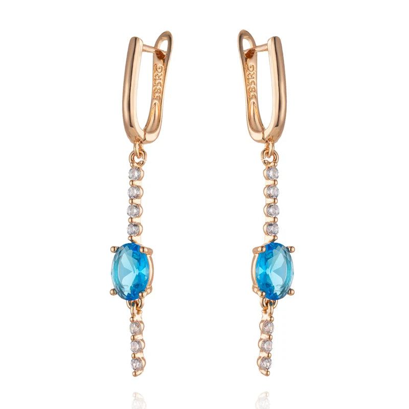 Elaborate Blue Natural Zircon Long Drop Earrings in 585 Rose Gold with Crystal Accents