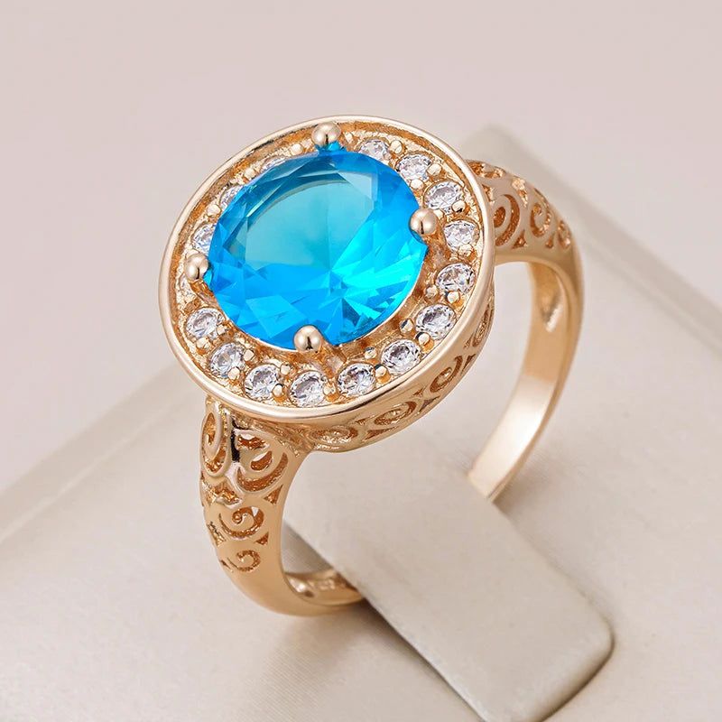 Elaborate Blue Natural Zircon Ring in 585 Rose Gold with Hollow Floral Design and Crystal Accents