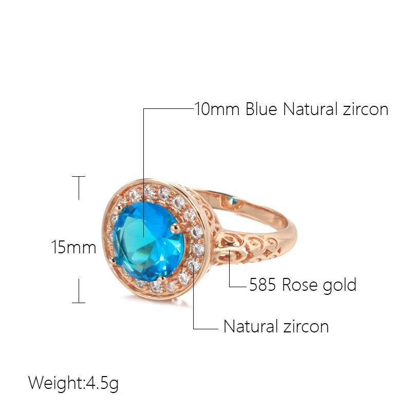 Elaborate Blue Natural Zircon Ring in 585 Rose Gold with Hollow Floral Design and Crystal Accents