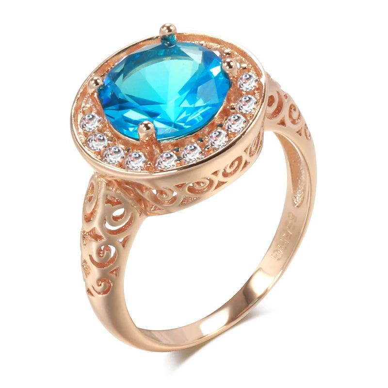 Elaborate Blue Natural Zircon Ring in 585 Rose Gold with Hollow Floral Design and Crystal Accents