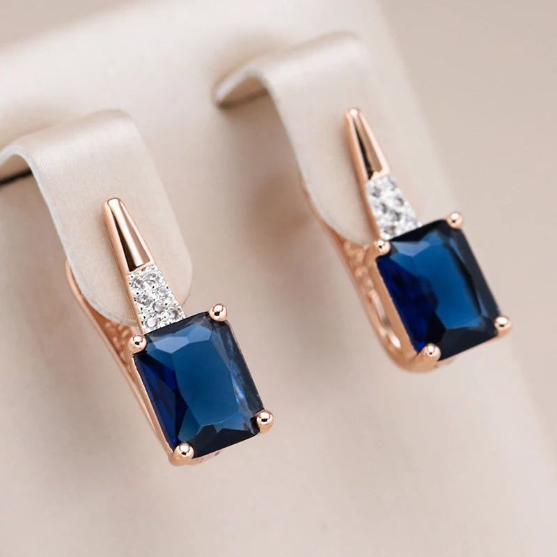 Elaborate Blue Natural Zircon Square Drop Earrings in 585 Rose Gold and Mixed Silver