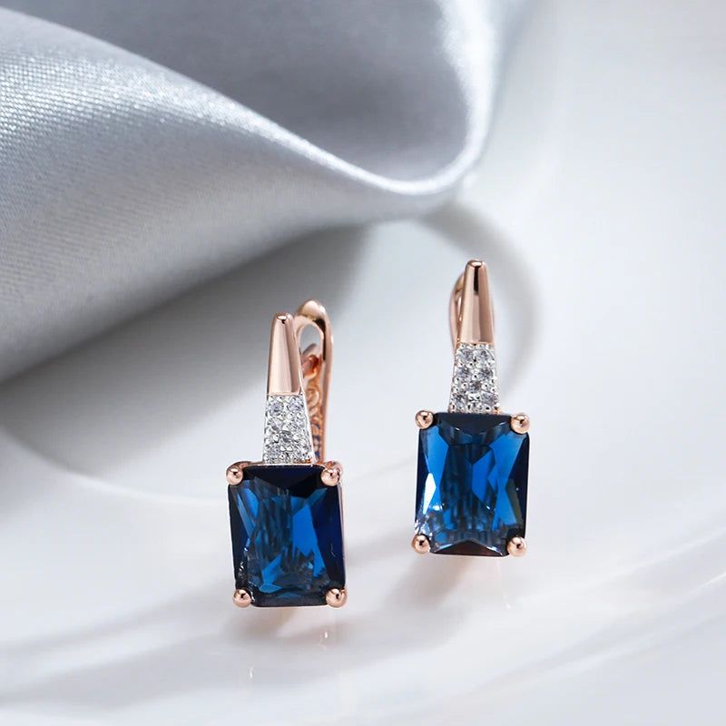 Elaborate Blue Natural Zircon Square Drop Earrings in 585 Rose Gold and Mixed Silver