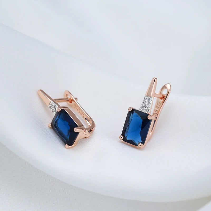 Elaborate Blue Natural Zircon Square Drop Earrings in 585 Rose Gold and Mixed Silver