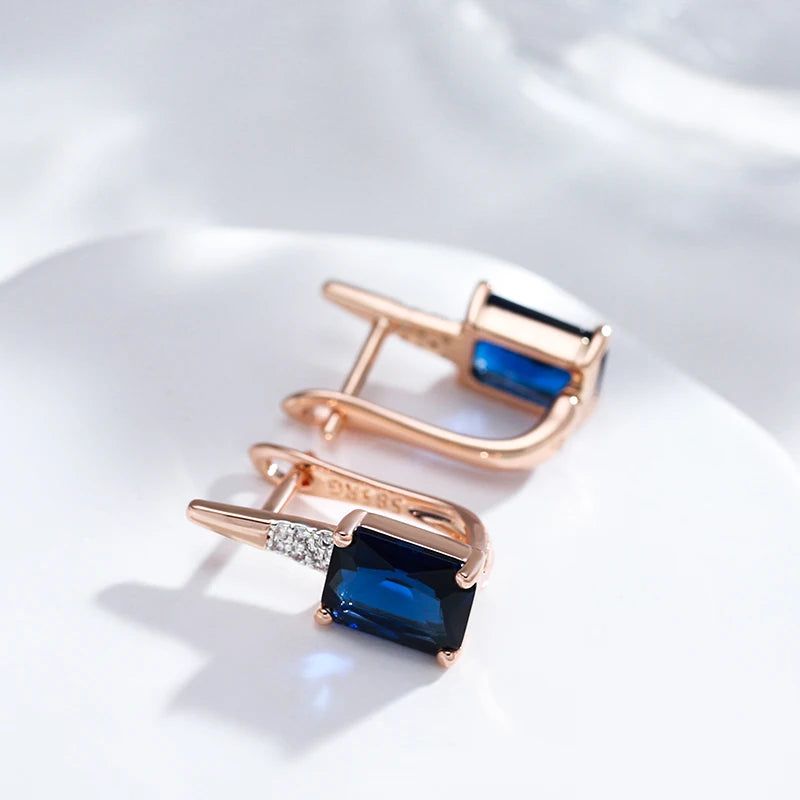 Elaborate Blue Natural Zircon Square Drop Earrings in 585 Rose Gold and Mixed Silver