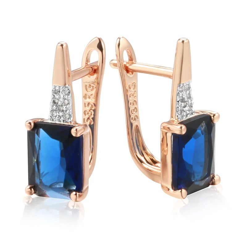 Elaborate Blue Natural Zircon Square Drop Earrings in 585 Rose Gold and Mixed Silver