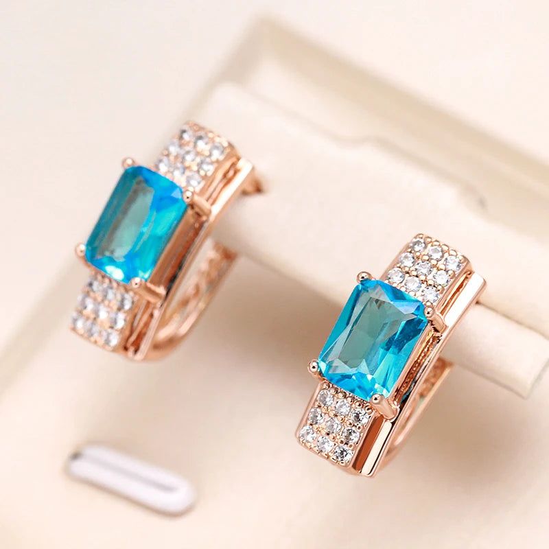 Elaborate Blue Square Zircon Dangle Earrings in 585 Rose Gold Finish - High-Quality Fashion Jewelry