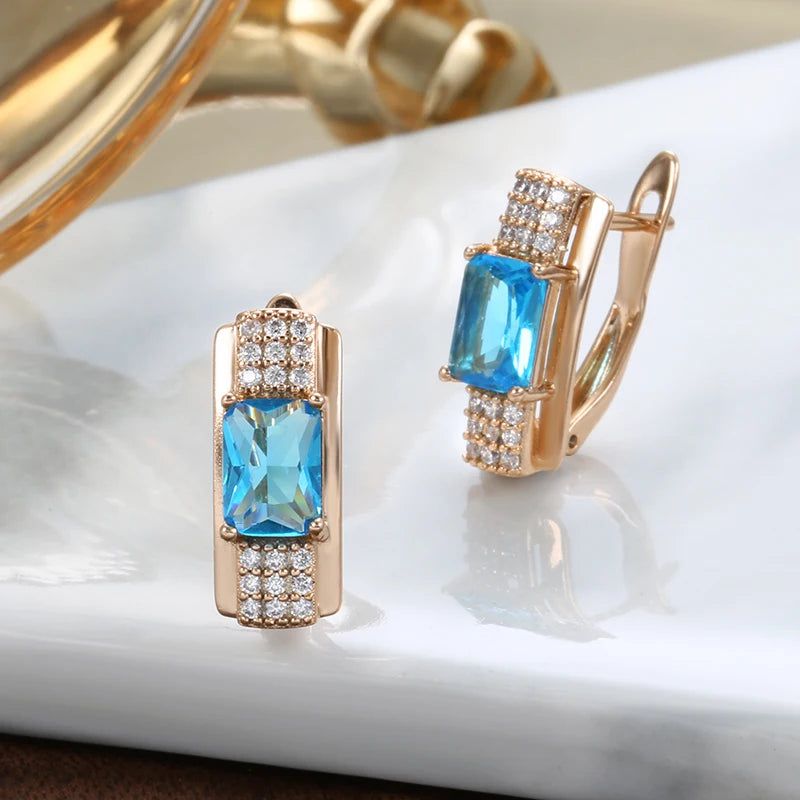 Elaborate Blue Square Zircon Dangle Earrings in 585 Rose Gold Finish - High-Quality Fashion Jewelry