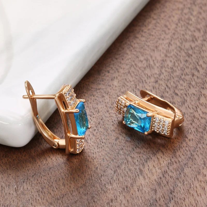 Elaborate Blue Square Zircon Dangle Earrings in 585 Rose Gold Finish - High-Quality Fashion Jewelry