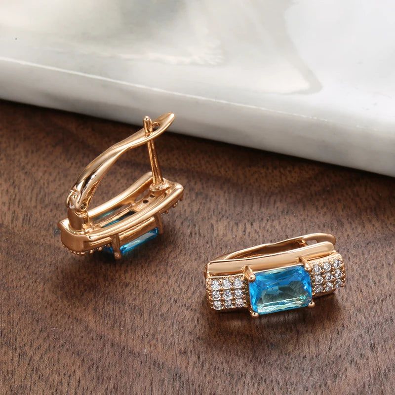 Elaborate Blue Square Zircon Dangle Earrings in 585 Rose Gold Finish - High-Quality Fashion Jewelry