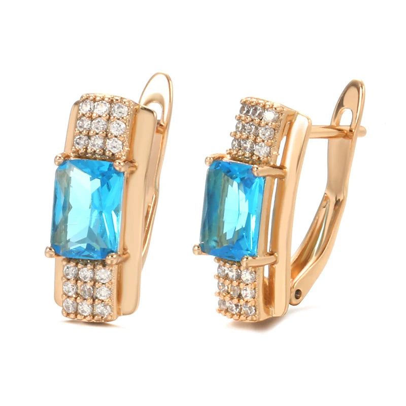 Elaborate Blue Square Zircon Dangle Earrings in 585 Rose Gold Finish - High-Quality Fashion Jewelry