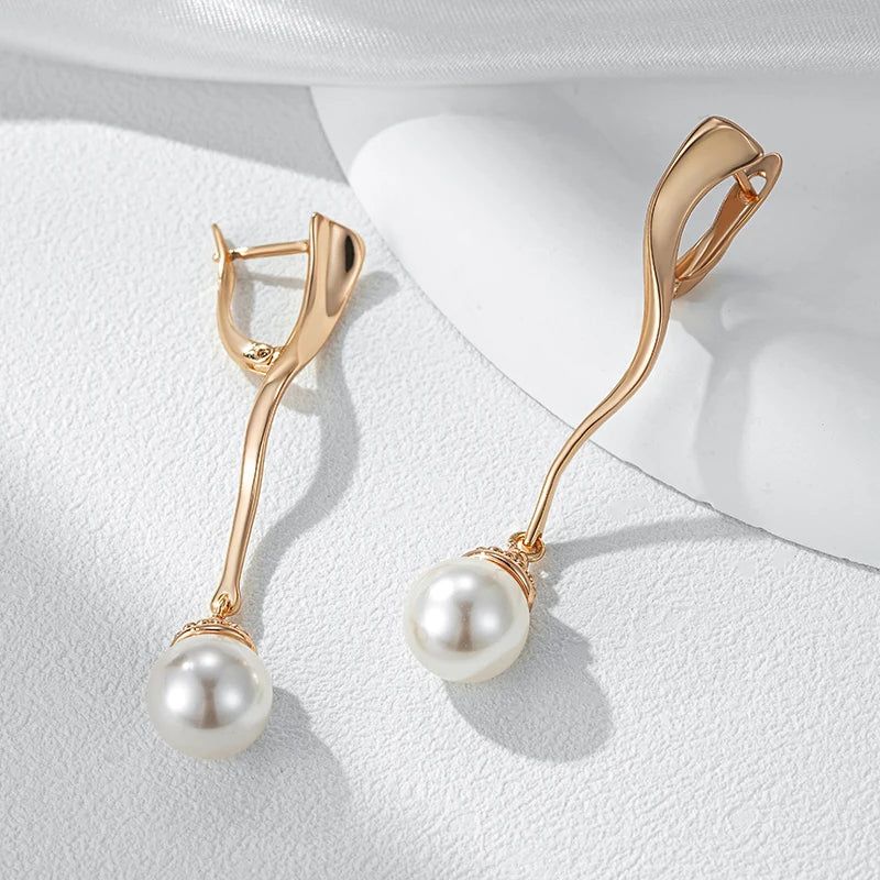 Elaborate Geometric Pearl Drop Earrings in Luxurious 585 Rose Gold for Brides and Special Occasions