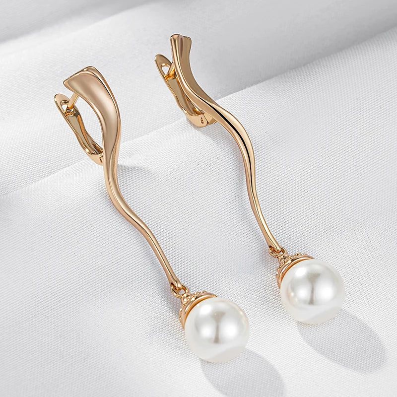 Elaborate Geometric Pearl Drop Earrings in Luxurious 585 Rose Gold for Brides and Special Occasions