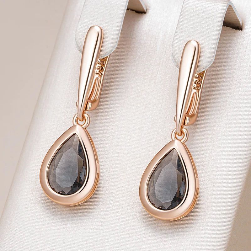 Elaborate Grey Crystal Water Drop Dangle Earrings in 585 Rose Gold with Natural Zircon