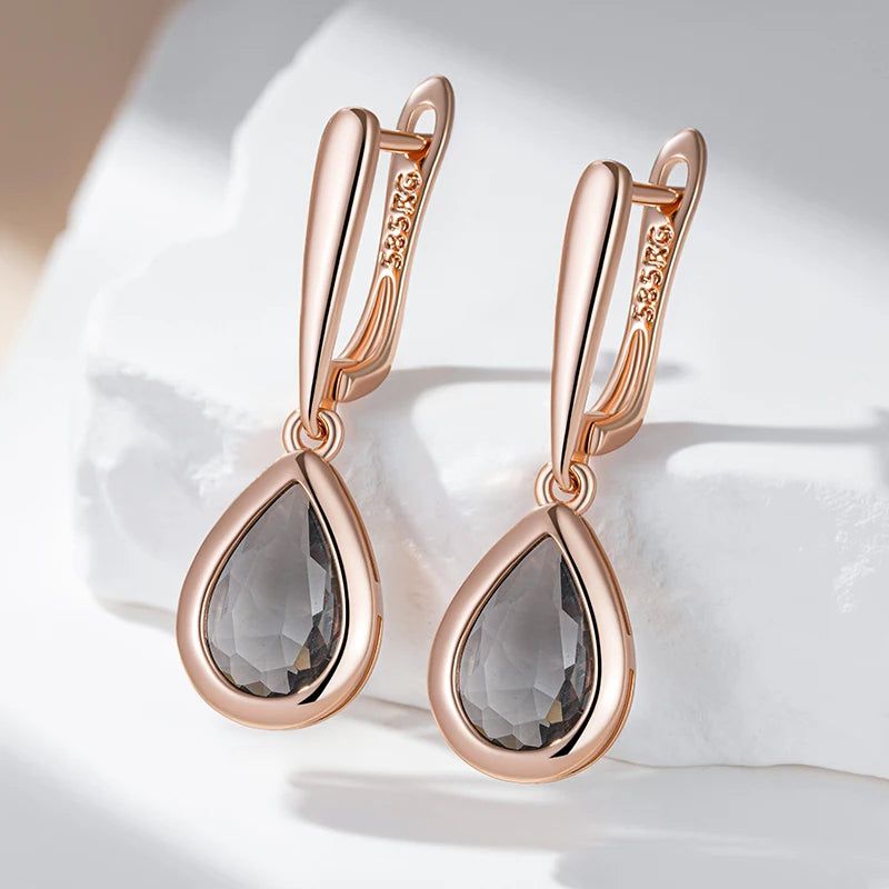 Elaborate Grey Crystal Water Drop Dangle Earrings in 585 Rose Gold with Natural Zircon