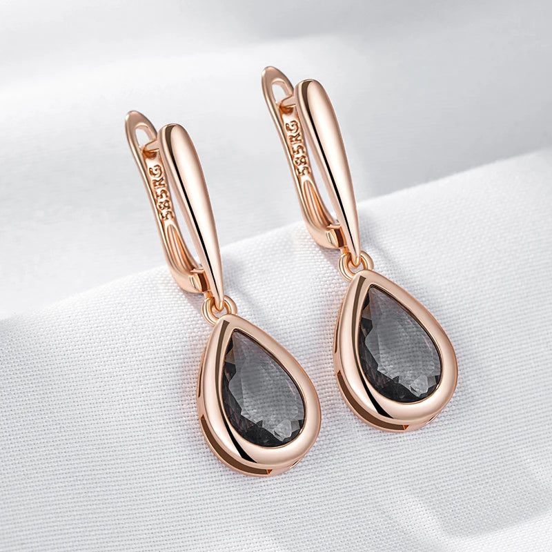 Elaborate Grey Crystal Water Drop Dangle Earrings in 585 Rose Gold with Natural Zircon