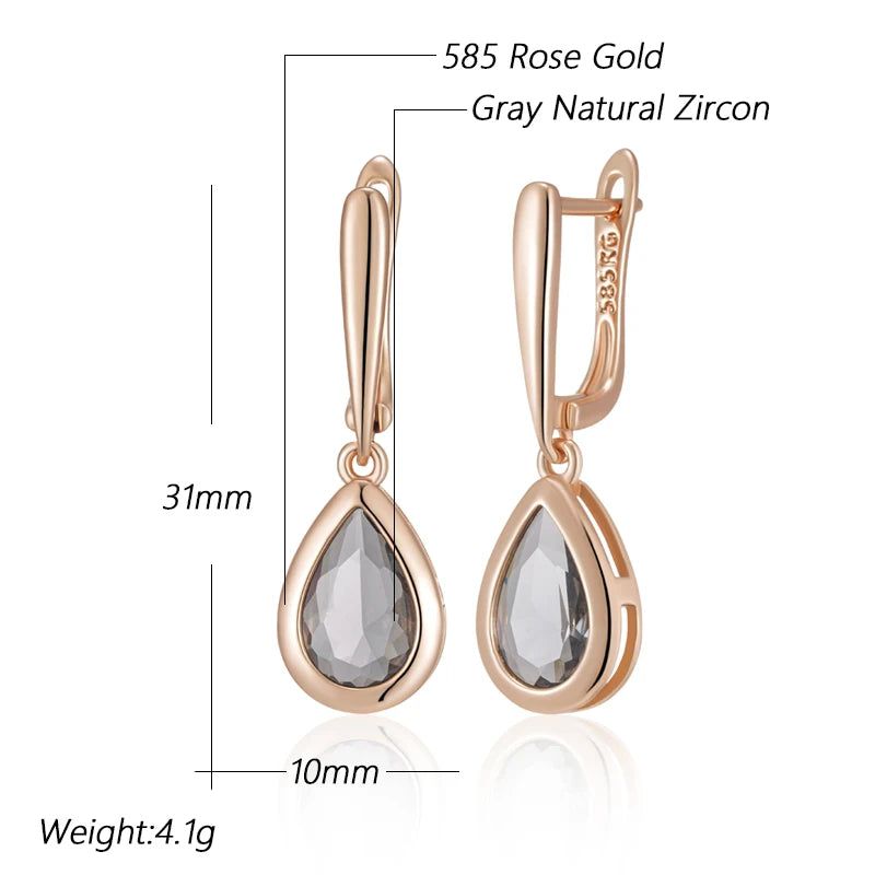 Elaborate Grey Crystal Water Drop Dangle Earrings in 585 Rose Gold with Natural Zircon