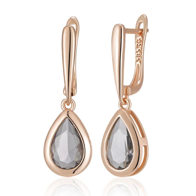 Elaborate Grey Crystal Water Drop Dangle Earrings in 585 Rose Gold with Natural Zircon