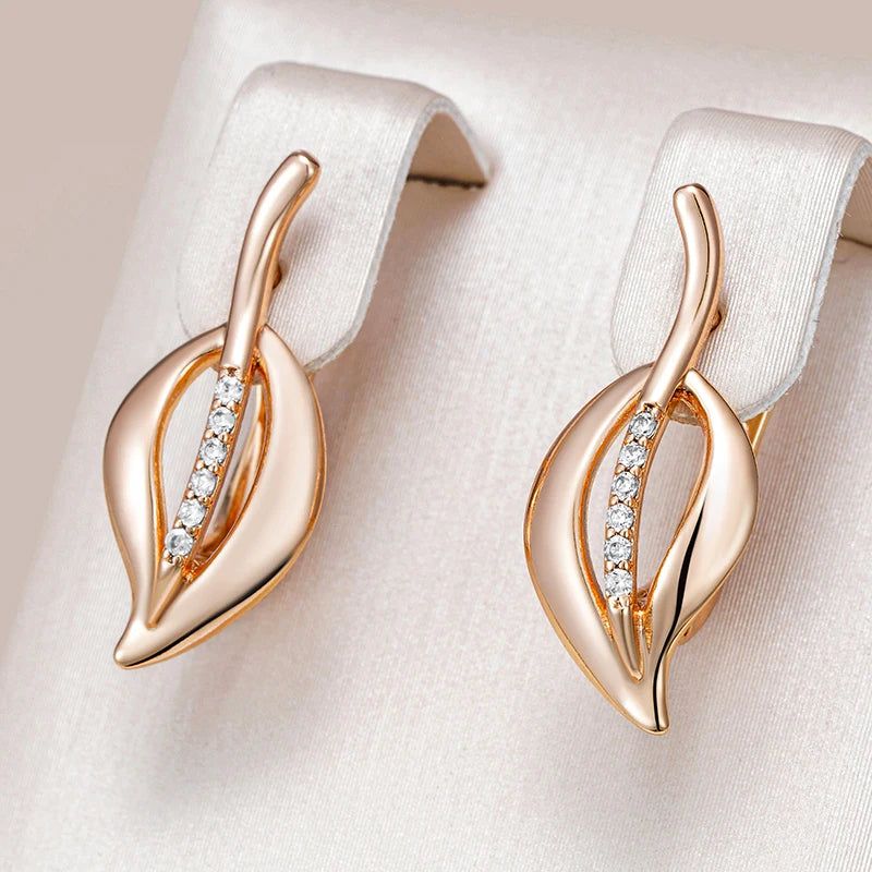 Elaborate Rose Gold Hollow Leaf Dangle Earrings with Natural Zircon Accents