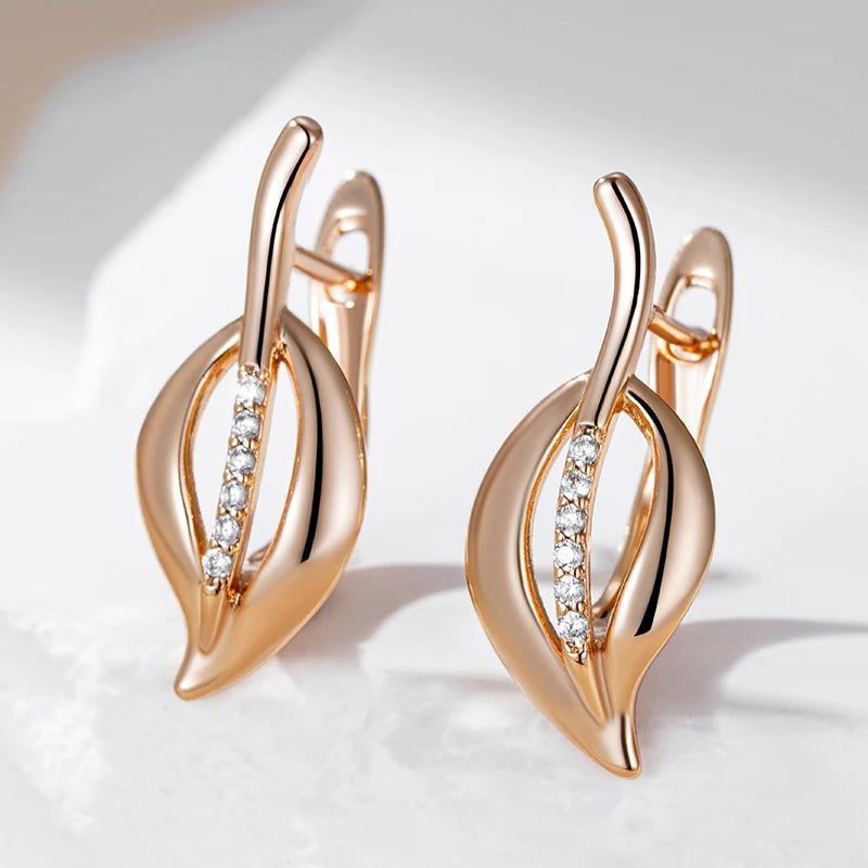 Elaborate Rose Gold Hollow Leaf Dangle Earrings with Natural Zircon Accents