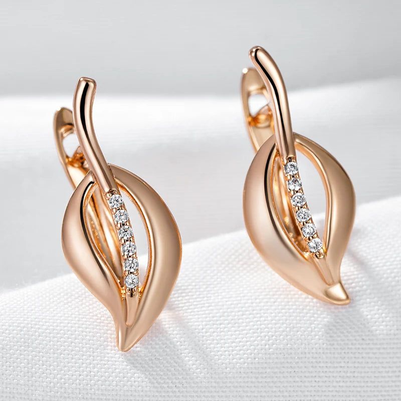 Elaborate Rose Gold Hollow Leaf Dangle Earrings with Natural Zircon Accents