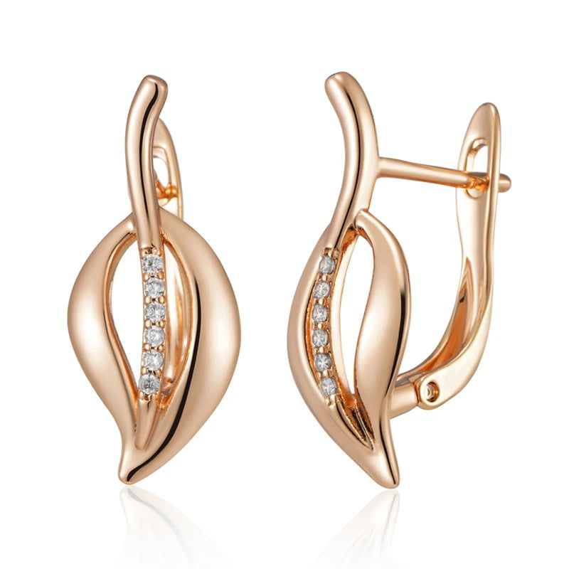 Elaborate Rose Gold Hollow Leaf Dangle Earrings with Natural Zircon Accents