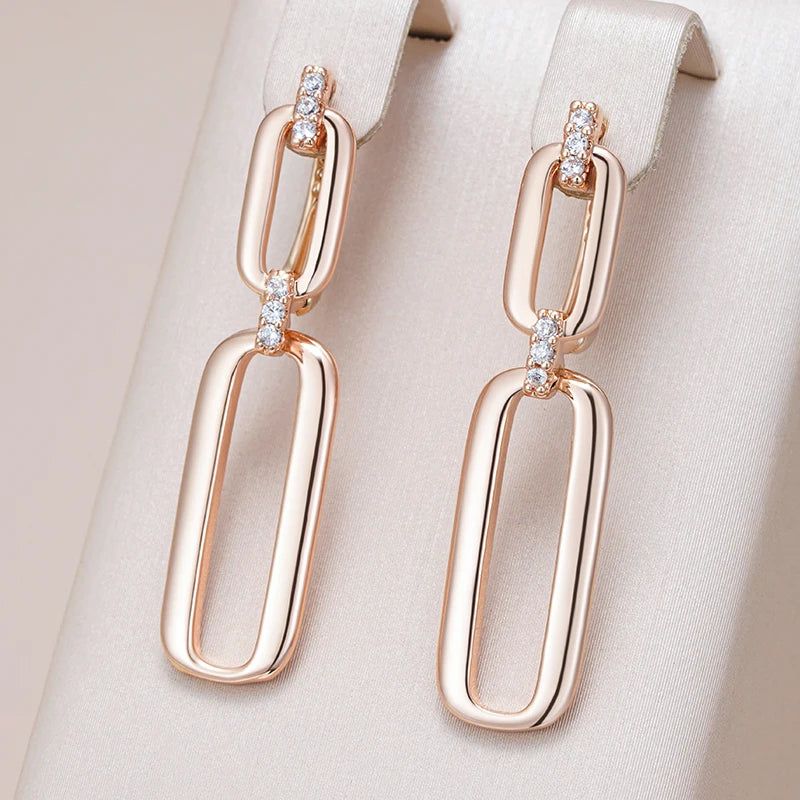 Elaborate Rose Gold Hollow Rectangle Drop Earrings with Natural Zircon