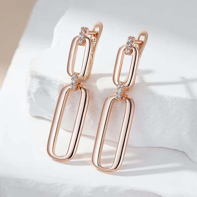 Elaborate Rose Gold Hollow Rectangle Drop Earrings with Natural Zircon