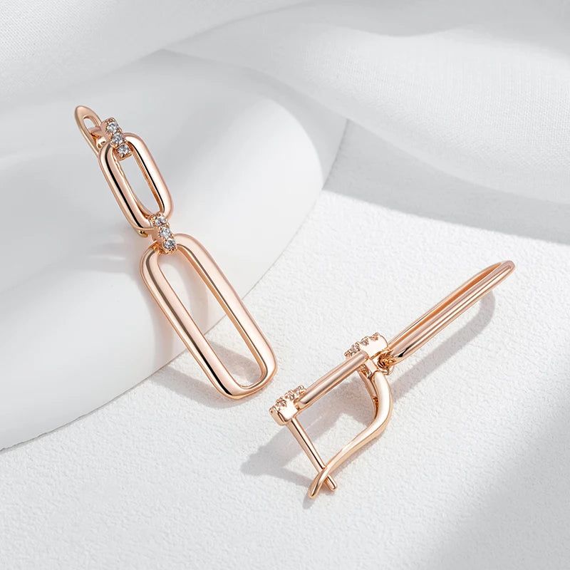 Elaborate Rose Gold Hollow Rectangle Drop Earrings with Natural Zircon