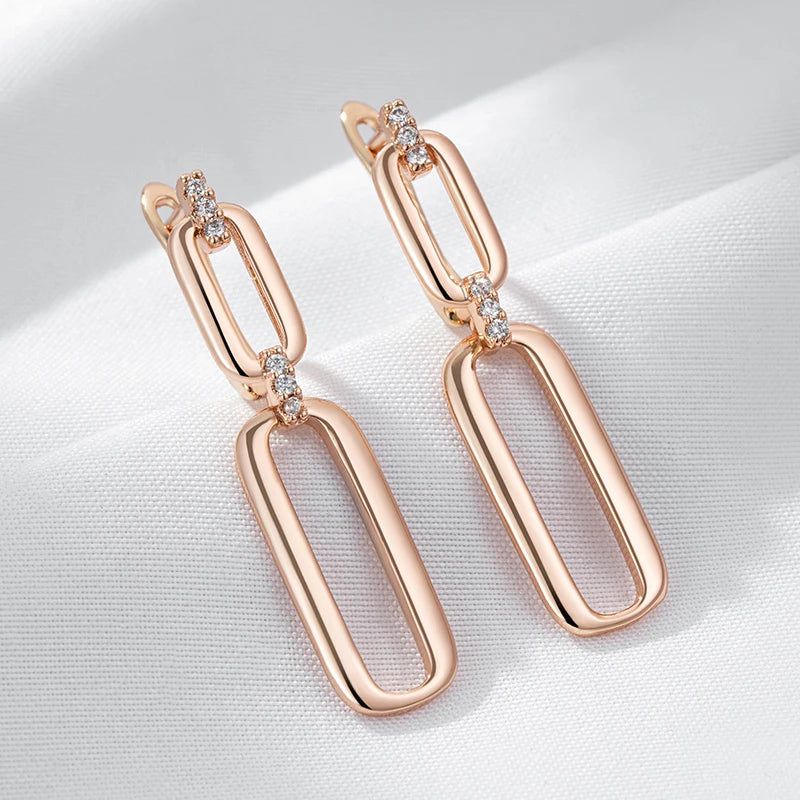 Elaborate Rose Gold Hollow Rectangle Drop Earrings with Natural Zircon